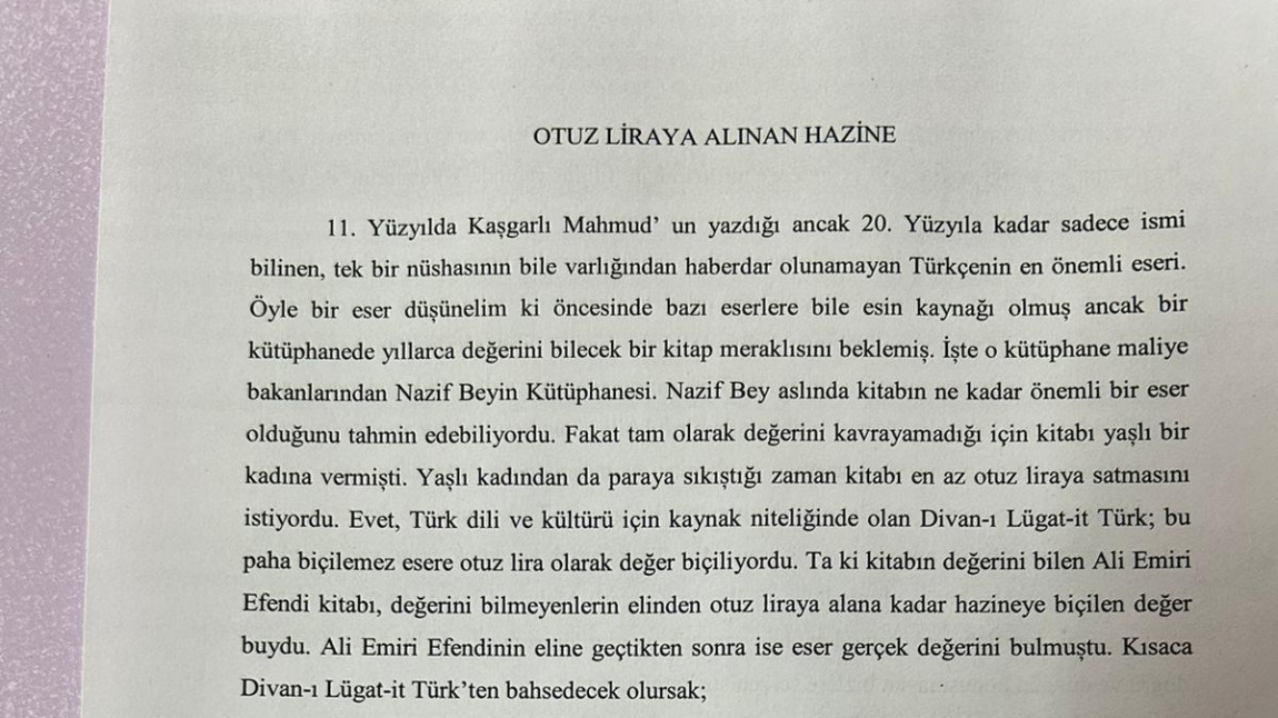 11/ATP Sınıfı Öğrencisi Fatmanur KUL’un Yazmış Olduğu “Otuz Liraya Alınan Hazine” İsimli Deneme